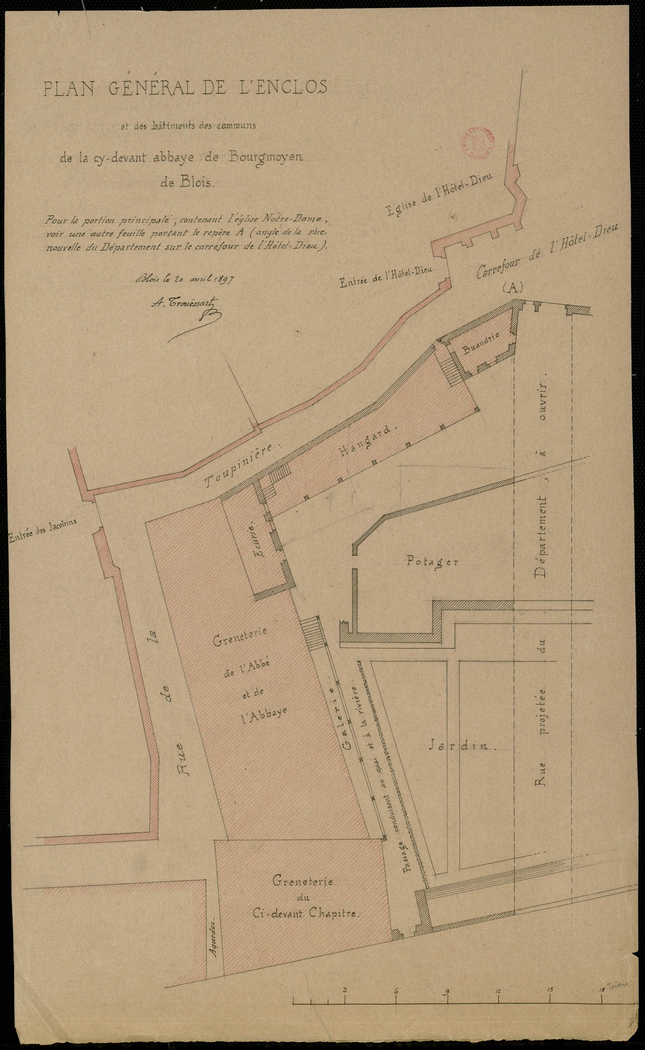 Plan général de l'enclos et du bâtiment de la cy-devant abbaye de Bourgmoyen de Blois, fin du XVIIIe siècle, copie par Arthur Trouessart, 1897